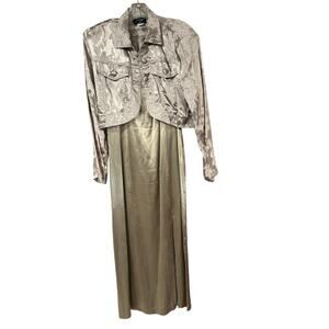 XTRM 2-Piece Formal Dress & Jacket Set Champagne Jacquard Maxi Gown Made USA ~ M